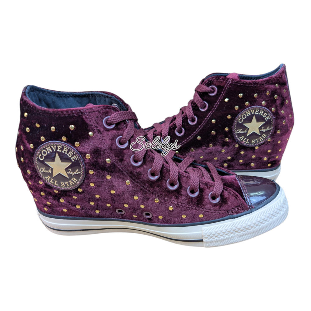 Converse 2018 Rare Lux Mid Hidden Wedge Velvet Dark Sangria Burgundy Gold Stud 9